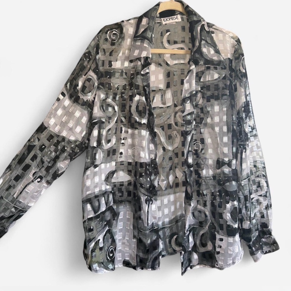 Expose Sheer Abstract Print Button-Up Blouse — Black & Gray